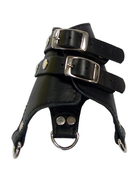 BON BDSM Leder-Parachute schwarz – Vorderansicht mit zwei Schnallen und D-Ringen